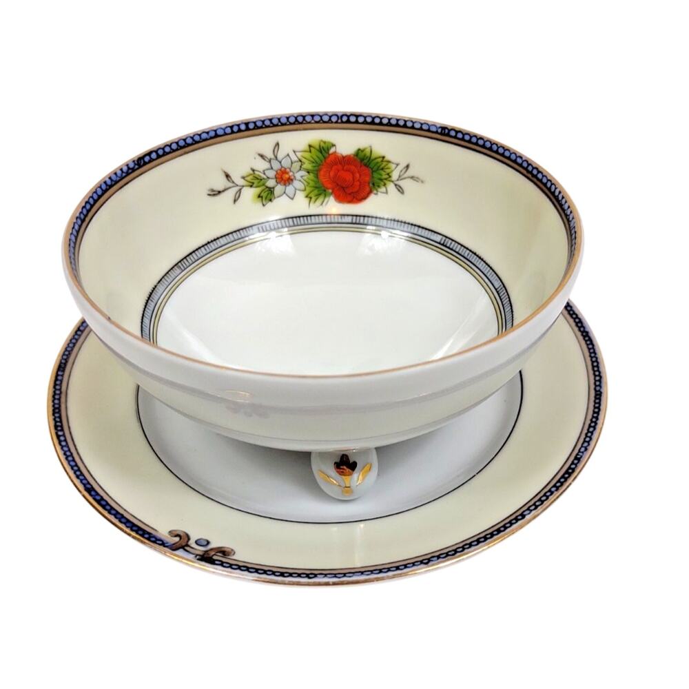 VTG Noritake Hand Painted Footed Mayonnaise Bowl and Saucer Red M Logo Japan Mad